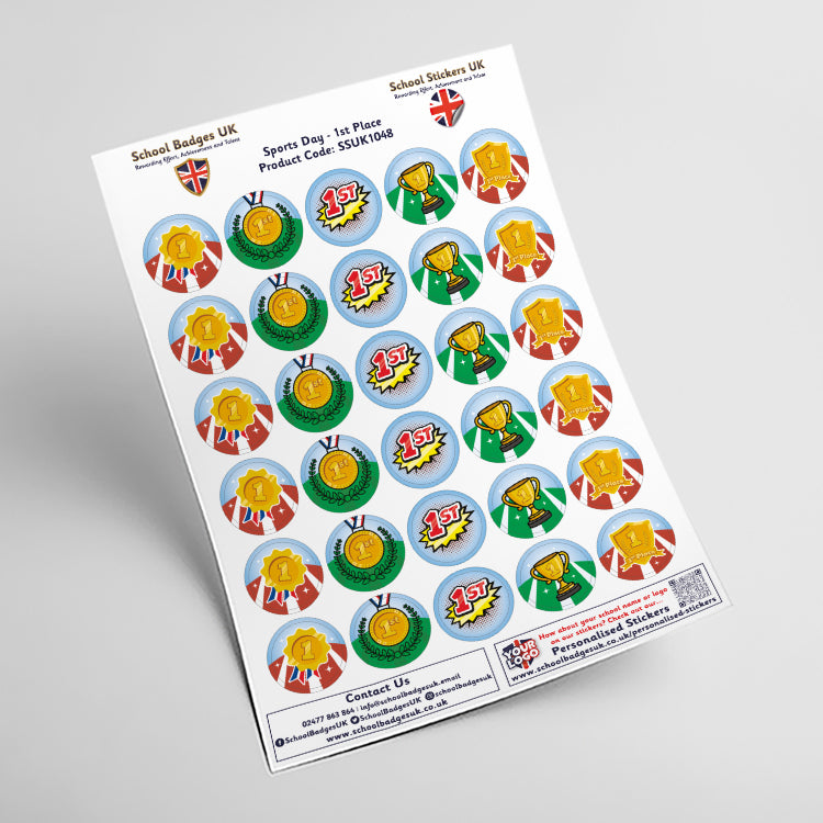 Sports Day 1st Place Stickers by School Badges UK