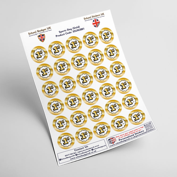 Sports Day Metallic Gold Stickers by School Badges UK