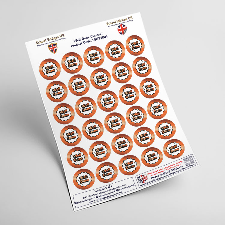 Well Done Metallic Bronze Stickers by School Badges UK